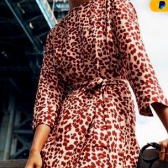 NWT H&M Beige with Burgundy Leopard Print Dress Womens Size 10 - Picture 1 of 10
